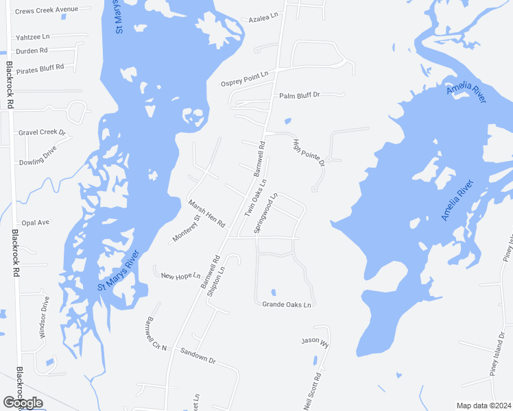 map of restaurants, bars, coffee shops, grocery stores, and more near 95142 Twin Oaks Lane in Fernandina Beach