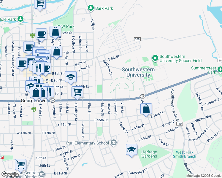 map of restaurants, bars, coffee shops, grocery stores, and more near 1001 East University Avenue in Georgetown
