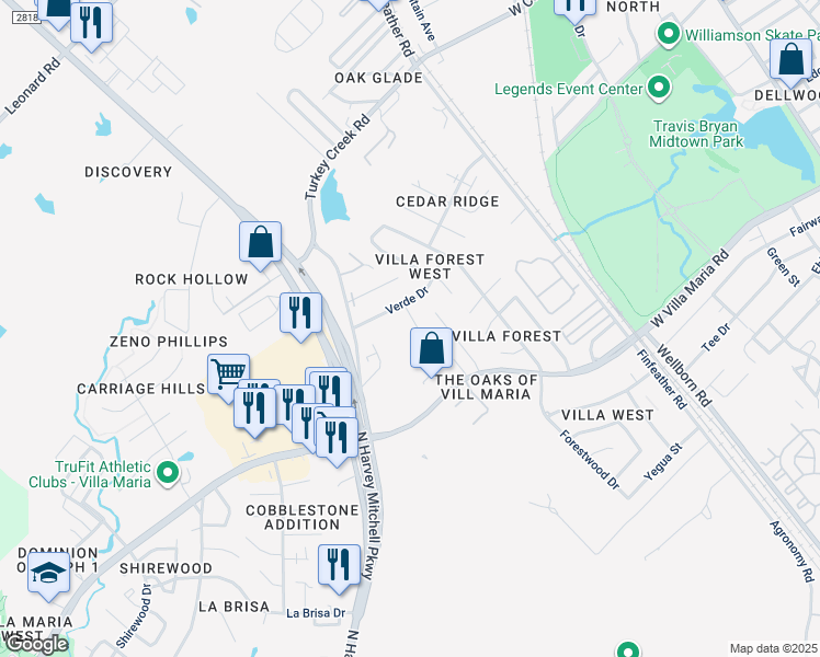 map of restaurants, bars, coffee shops, grocery stores, and more near 2908 Silver Spur Circle in Bryan