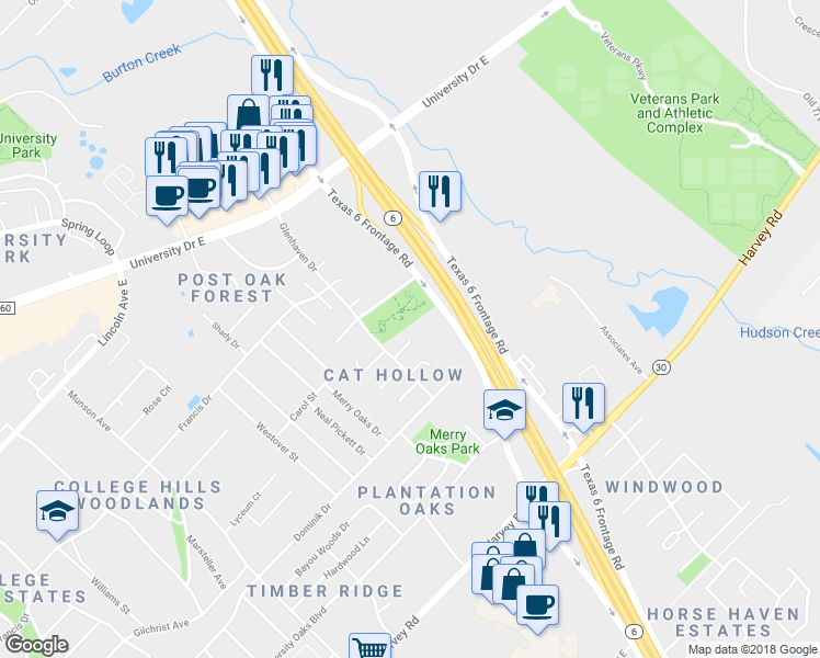 map of restaurants, bars, coffee shops, grocery stores, and more near 1609 Cougar Court in College Station