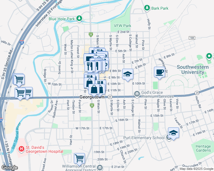 map of restaurants, bars, coffee shops, grocery stores, and more near 1001 South Church Street in Georgetown