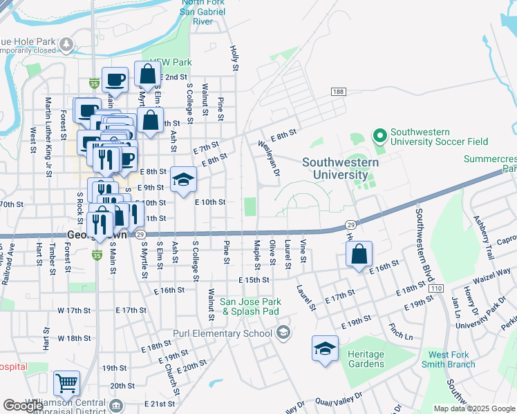 map of restaurants, bars, coffee shops, grocery stores, and more near Maple Street in Georgetown