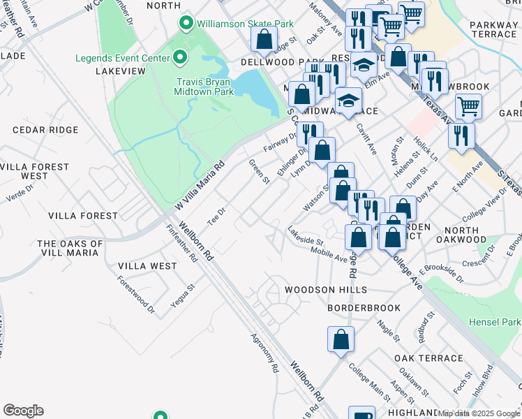 map of restaurants, bars, coffee shops, grocery stores, and more near 225 Lynn Drive in Bryan
