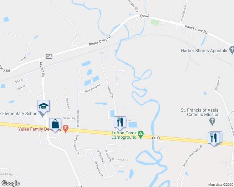 map of restaurants, bars, coffee shops, grocery stores, and more near 86312 Peeples Road in Yulee