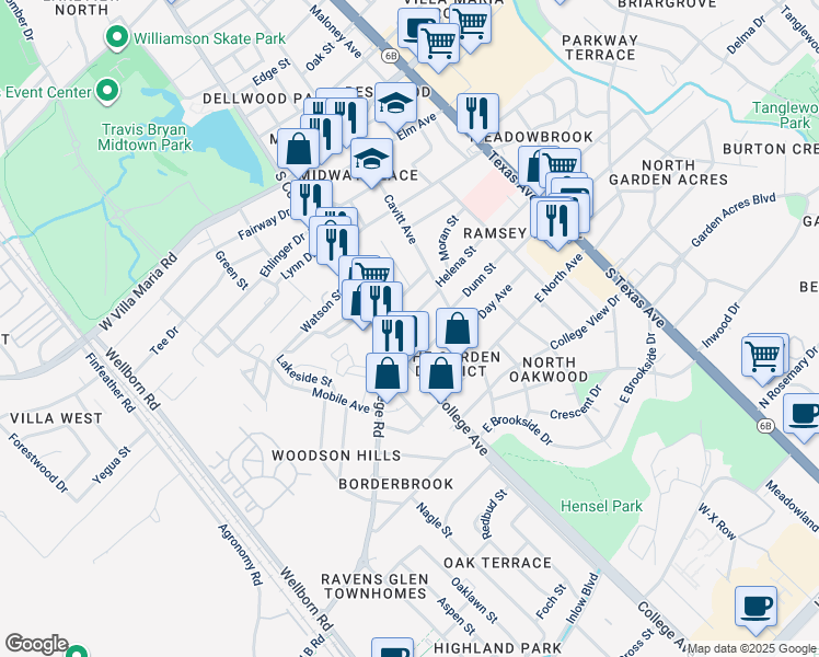 map of restaurants, bars, coffee shops, grocery stores, and more near 107 Helena Street in Bryan