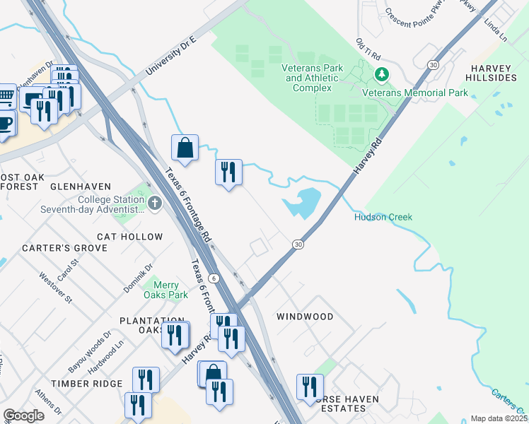map of restaurants, bars, coffee shops, grocery stores, and more near 1401-1407 Associates Avenue in College Station