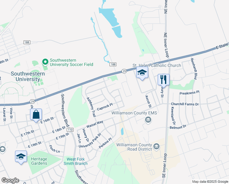 map of restaurants, bars, coffee shops, grocery stores, and more near 2410 Edgecliff Path in Georgetown