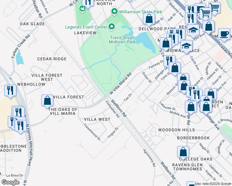 map of restaurants, bars, coffee shops, grocery stores, and more near 412 Fairway Drive in Bryan