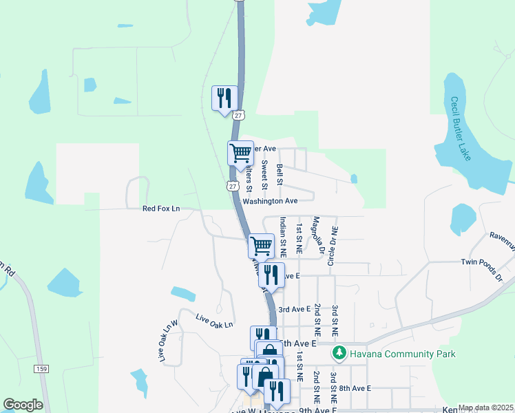 map of restaurants, bars, coffee shops, grocery stores, and more near 127 Horseshoe Drive in Havana