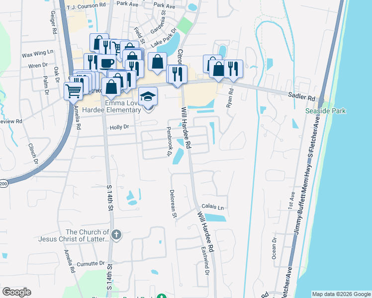 map of restaurants, bars, coffee shops, grocery stores, and more near 2435 Will Hardee Road in Fernandina Beach