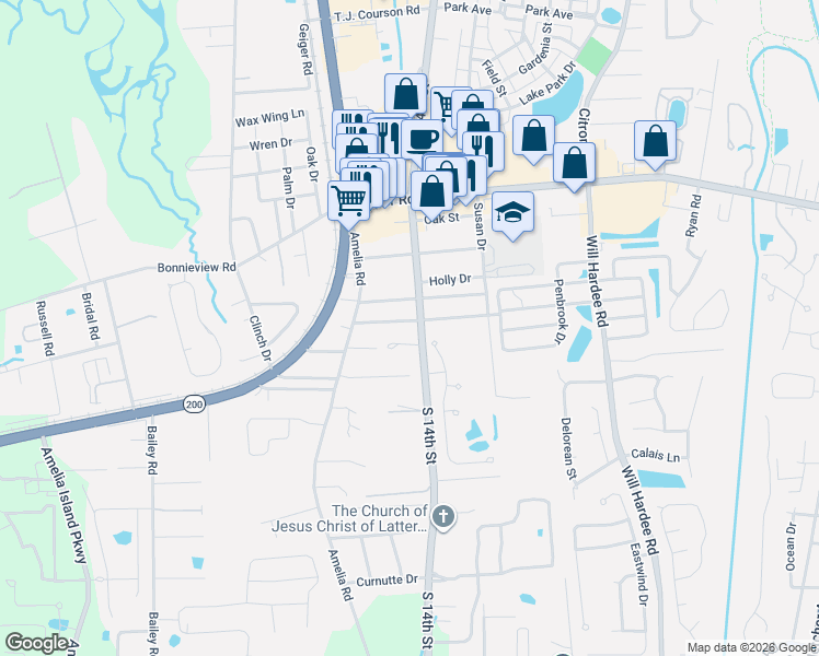 map of restaurants, bars, coffee shops, grocery stores, and more near 884 Robinhood Drive in Fernandina Beach