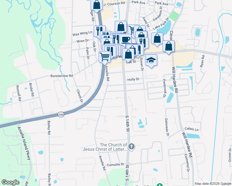 map of restaurants, bars, coffee shops, grocery stores, and more near 856 Robinhood Drive in Fernandina Beach