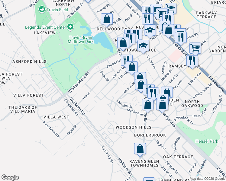 map of restaurants, bars, coffee shops, grocery stores, and more near 113 Lynn Drive in Bryan