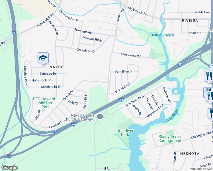 map of restaurants, bars, coffee shops, grocery stores, and more near 1620 Navco Road in Mobile
