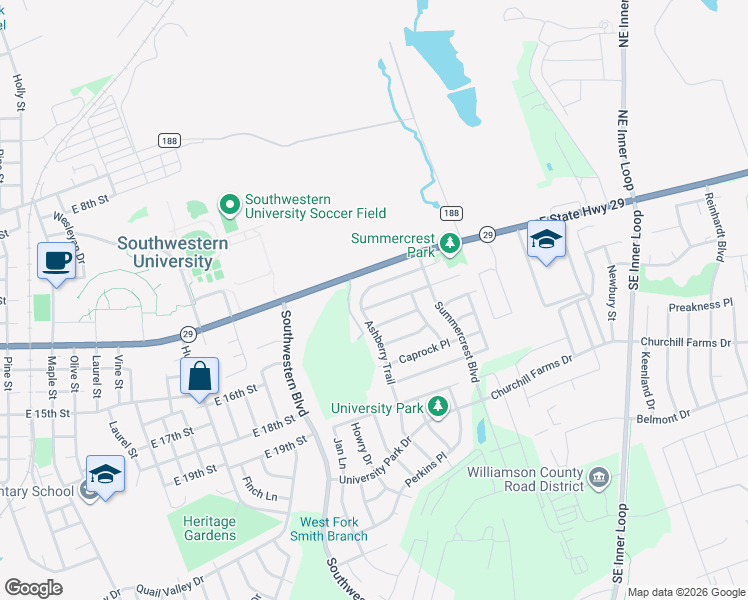 map of restaurants, bars, coffee shops, grocery stores, and more near 2302 Candle Ridge Trail in Georgetown