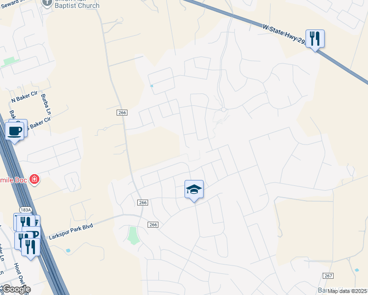 map of restaurants, bars, coffee shops, grocery stores, and more near 121 Wild Sage Lane in Liberty Hill