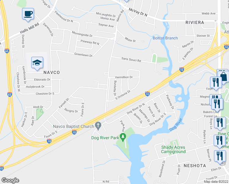 map of restaurants, bars, coffee shops, grocery stores, and more near 1617 Burdette Drive in Mobile