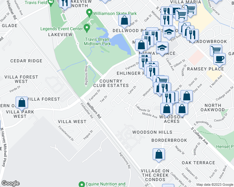 map of restaurants, bars, coffee shops, grocery stores, and more near 318 Ehlinger Drive in Bryan