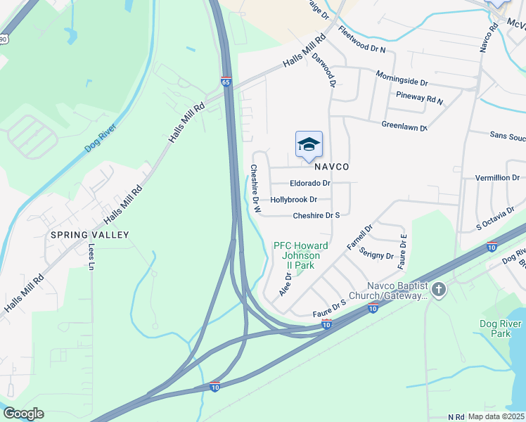 map of restaurants, bars, coffee shops, grocery stores, and more near Interstate 65 in Mobile