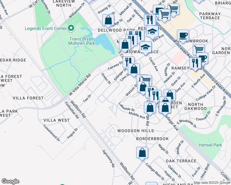 map of restaurants, bars, coffee shops, grocery stores, and more near 113 Lynn Drive in Bryan