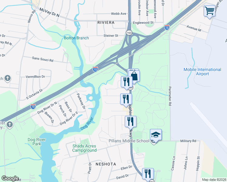 map of restaurants, bars, coffee shops, grocery stores, and more near 2057 Faye Street in Mobile
