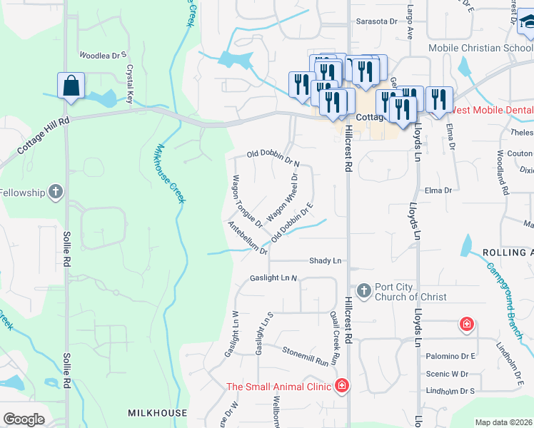 map of restaurants, bars, coffee shops, grocery stores, and more near 2637 Wagon Wheel Drive in Mobile
