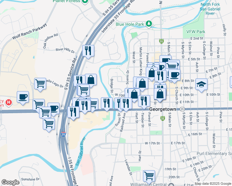 map of restaurants, bars, coffee shops, grocery stores, and more near 903 West 10th Street in Georgetown