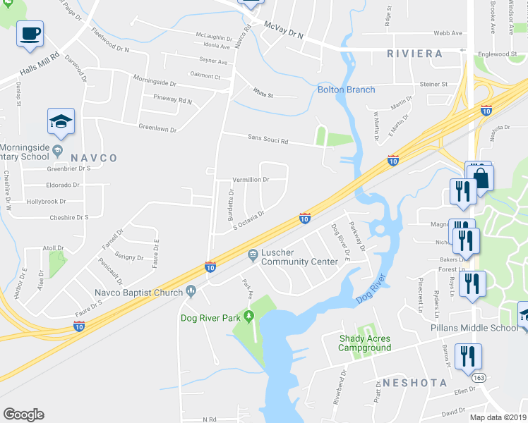 map of restaurants, bars, coffee shops, grocery stores, and more near 2362 South Octavia Drive in Mobile
