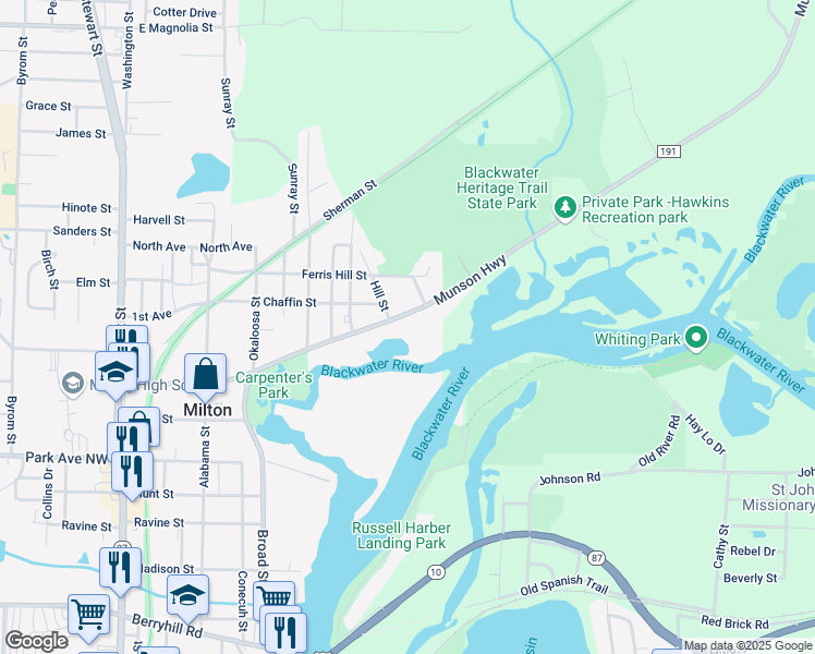 map of restaurants, bars, coffee shops, grocery stores, and more near 5400 Munson Highway in Milton