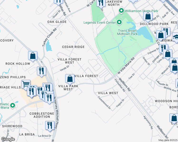 map of restaurants, bars, coffee shops, grocery stores, and more near 3109 Forestwood Drive in Bryan