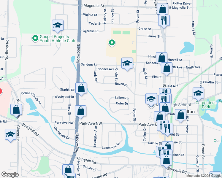 map of restaurants, bars, coffee shops, grocery stores, and more near 6510 College Drive in Milton