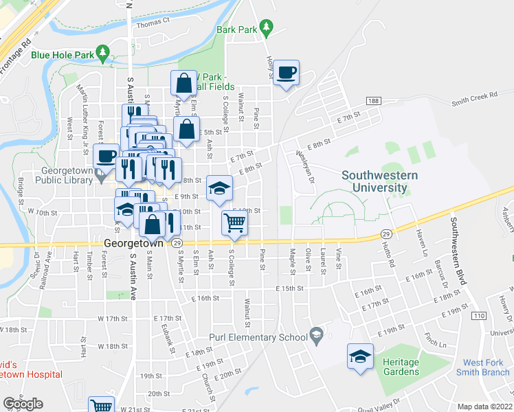 map of restaurants, bars, coffee shops, grocery stores, and more near 908 S Pine St in Georgetown