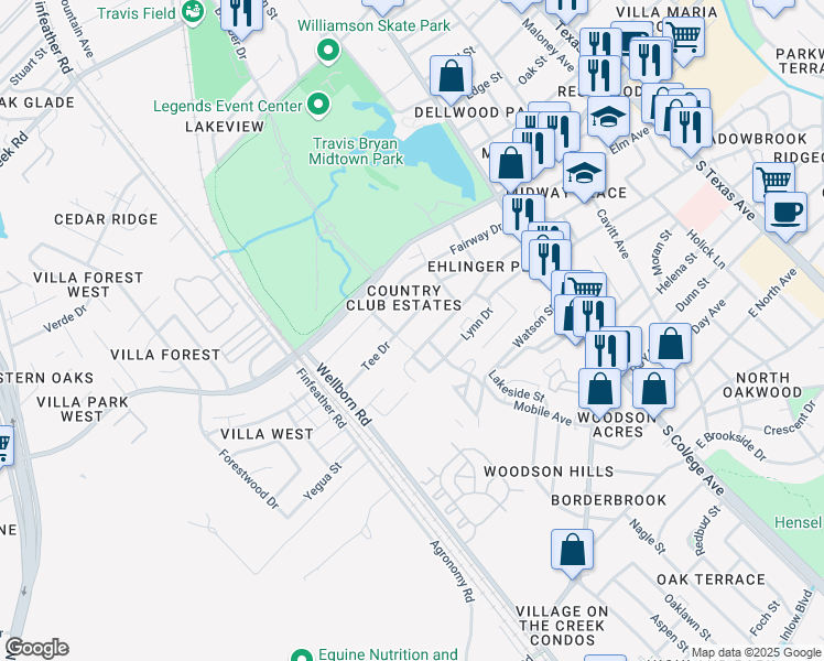 map of restaurants, bars, coffee shops, grocery stores, and more near 310 Tee Drive in Bryan