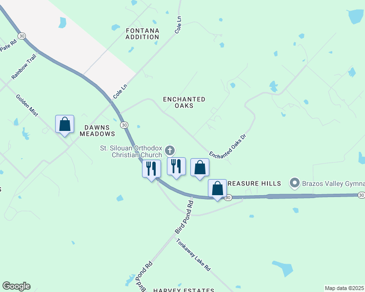 map of restaurants, bars, coffee shops, grocery stores, and more near 4756 Enchanted Oaks Drive in College Station