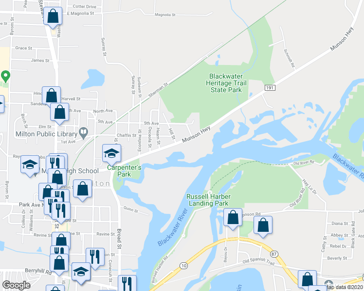 map of restaurants, bars, coffee shops, grocery stores, and more near 5400 Munson Highway in Milton