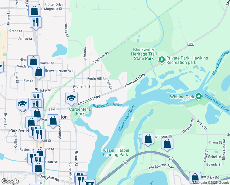 map of restaurants, bars, coffee shops, grocery stores, and more near 9076 Munson Highway in Milton