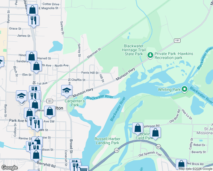 map of restaurants, bars, coffee shops, grocery stores, and more near 9076 Munson Highway in Milton