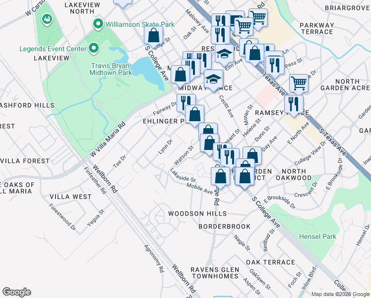 map of restaurants, bars, coffee shops, grocery stores, and more near 3408 South College Avenue in Bryan