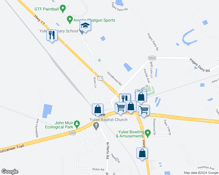 map of restaurants, bars, coffee shops, grocery stores, and more near 7 Florida 5 in Yulee
