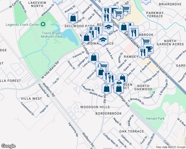 map of restaurants, bars, coffee shops, grocery stores, and more near 123 Watson Lane in Bryan