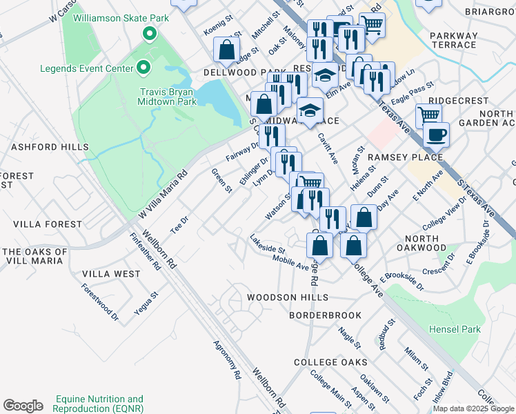 map of restaurants, bars, coffee shops, grocery stores, and more near 113 Lynn Drive in Bryan
