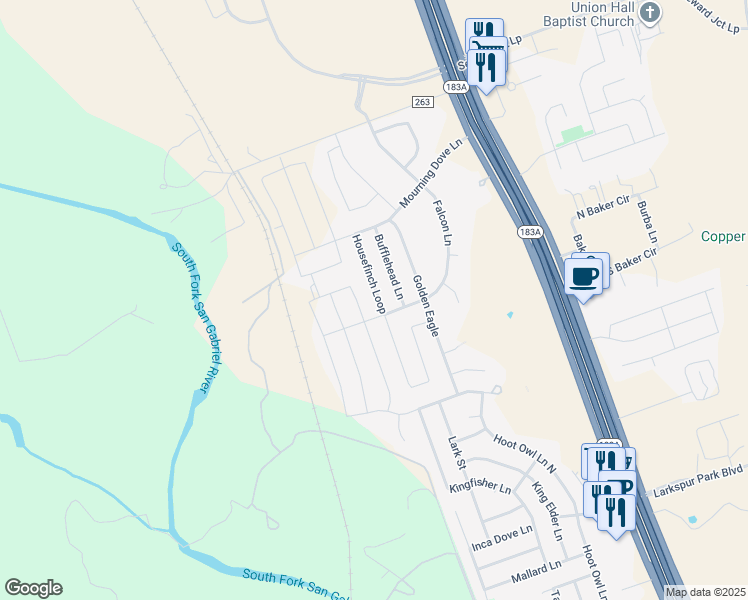 map of restaurants, bars, coffee shops, grocery stores, and more near 164 Bufflehead Lane in Leander