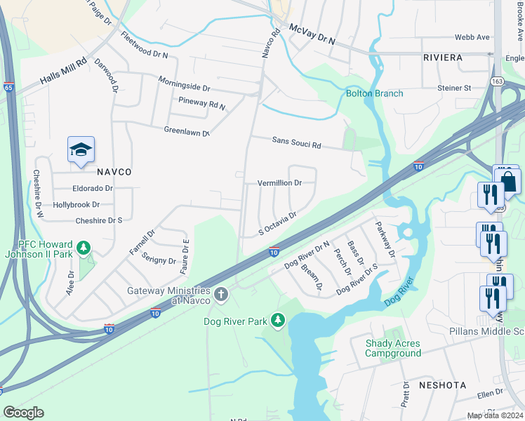 map of restaurants, bars, coffee shops, grocery stores, and more near 1615 Burdette Drive in Mobile