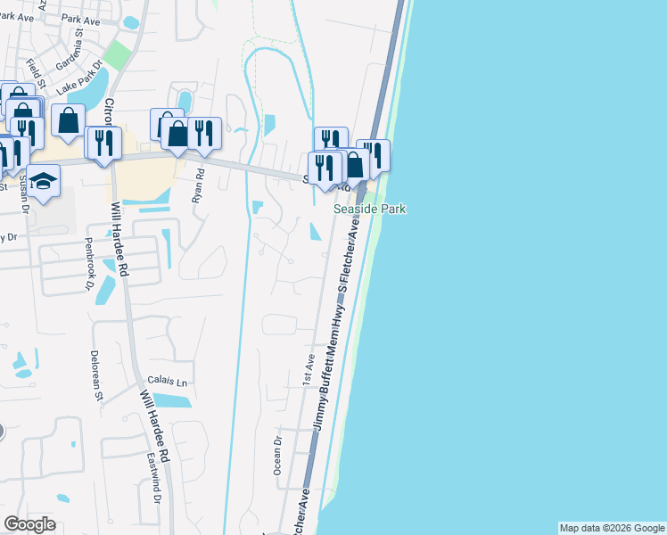 map of restaurants, bars, coffee shops, grocery stores, and more near 2193 South Fletcher Avenue in Fernandina Beach