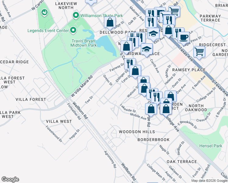 map of restaurants, bars, coffee shops, grocery stores, and more near 302 Ehlinger Drive in Bryan