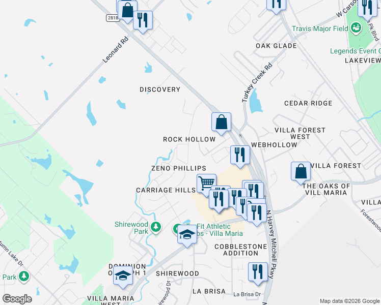 map of restaurants, bars, coffee shops, grocery stores, and more near 1715 Rock Hollow Loop in Bryan