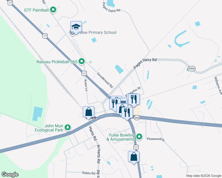 map of restaurants, bars, coffee shops, grocery stores, and more near 86067 Pages Dairy Road in Yulee