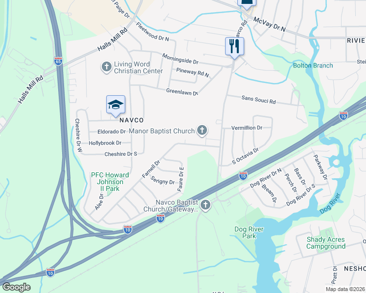 map of restaurants, bars, coffee shops, grocery stores, and more near 2552 Farnell Drive in Mobile