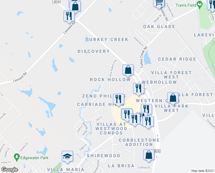 map of restaurants, bars, coffee shops, grocery stores, and more near 1708 Rock Hollow Loop in Bryan