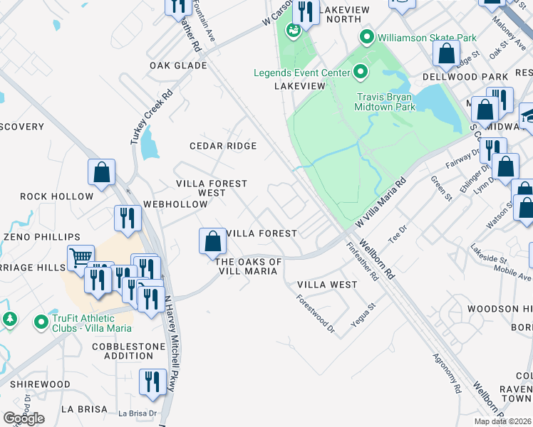 map of restaurants, bars, coffee shops, grocery stores, and more near 3101 Heatherwood Drive in Bryan